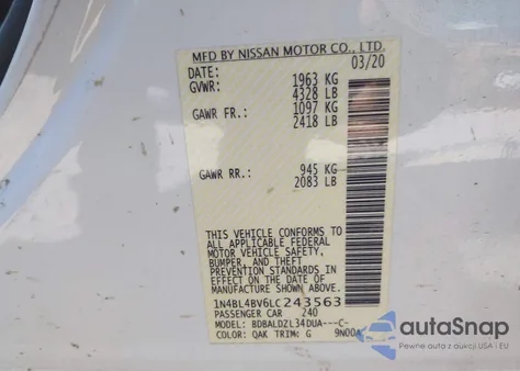 2020 Nissan Altima S Fwd из США, поврежденный, VIN 1N4BL4BV6LC243563